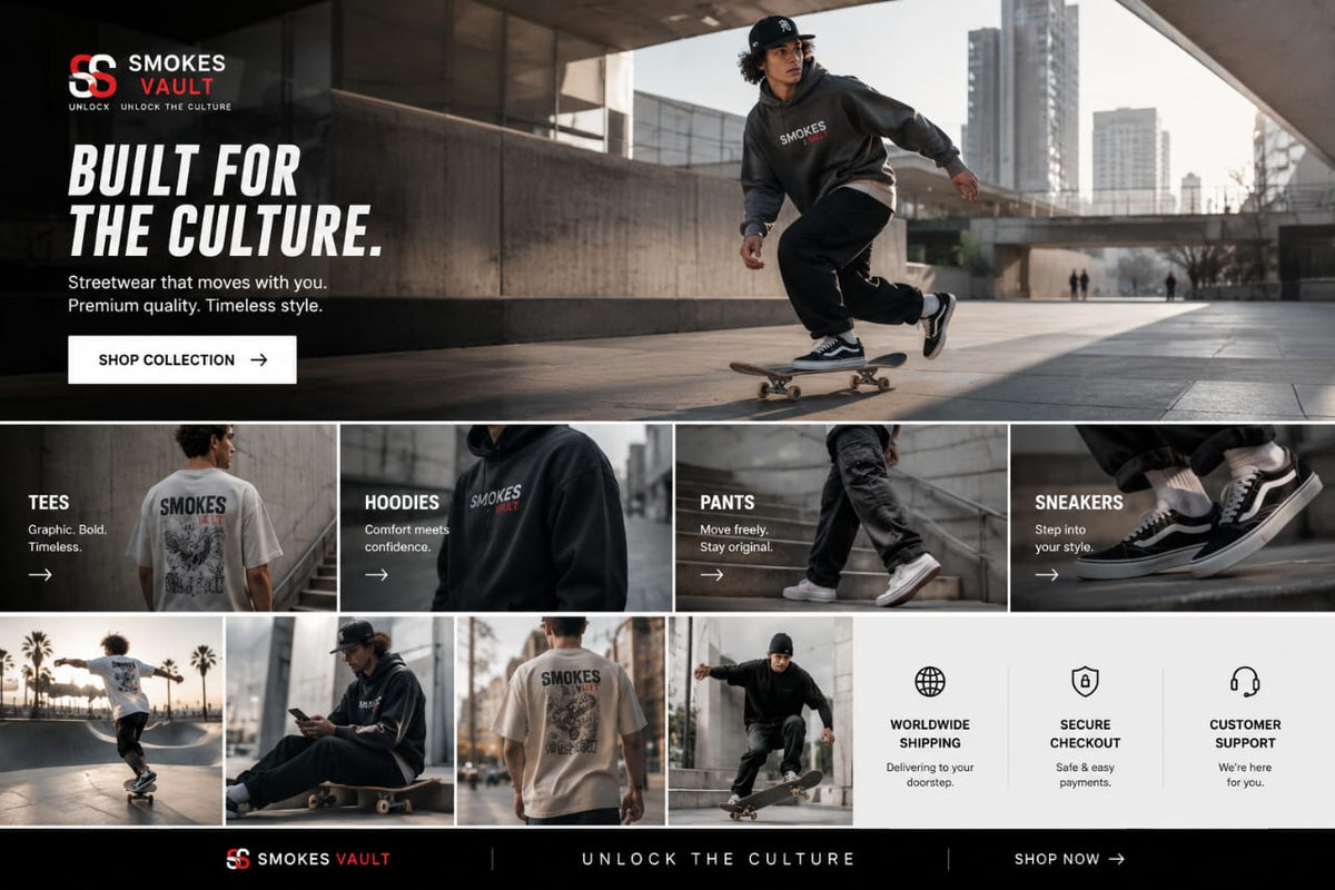Smokes Vault streetwear artwork with tees, hoodies, pants, and sneakers