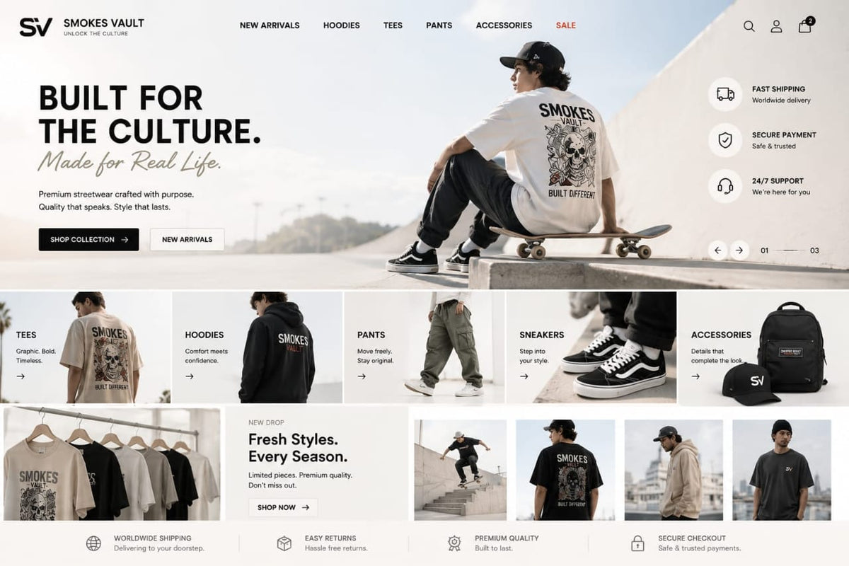 Smokes Vault streetwear collection with tees, hoodies, pants, sneakers and accessories